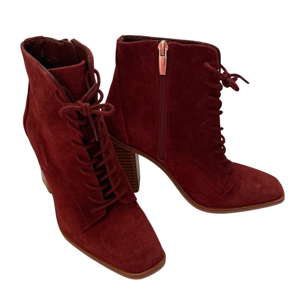 Vince Camuto Whimsigoth Witchy Victorian Lace Up Burgundy Suede Heeled Boots